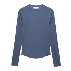 Mango Blue Ribbed Jersey Knit Long Sleeve Basic Crew Neck T Shirt